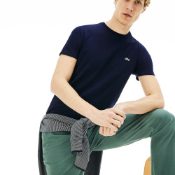 T-SHIRT LACOSTE A COL ROND EN JERSEY DE COTON PIMA UNI BLEU MARINE