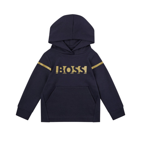 Sweat à capuche en coton bleu marine avec logo métallisé BOSS enfants