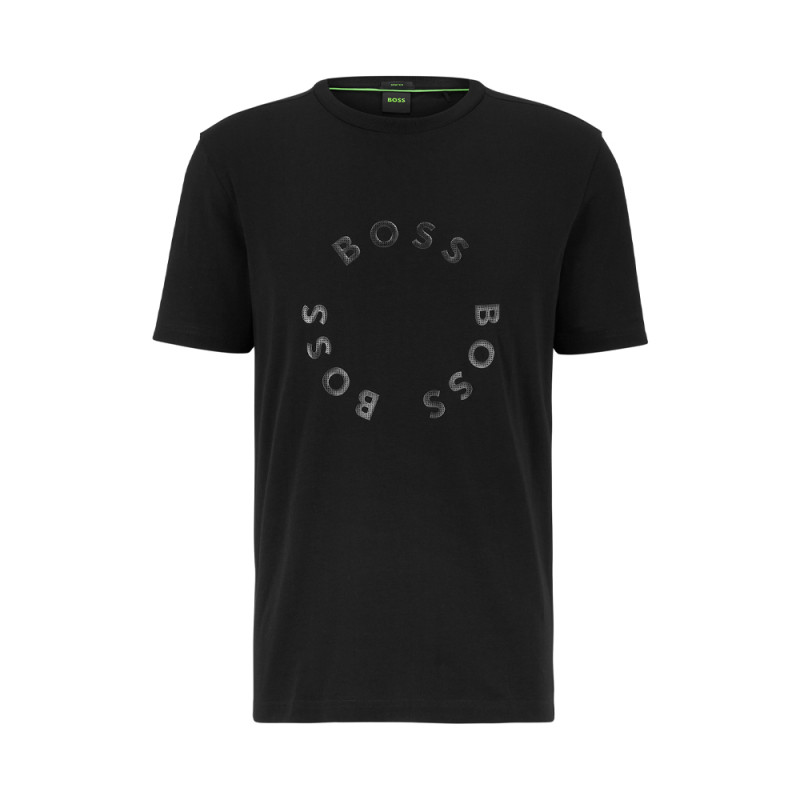 T-SHIRT NOIR EN COTON STRETCH AVEC LOGOS IMPRIMÉS CIRCULAIRES TEE 4 BOSS