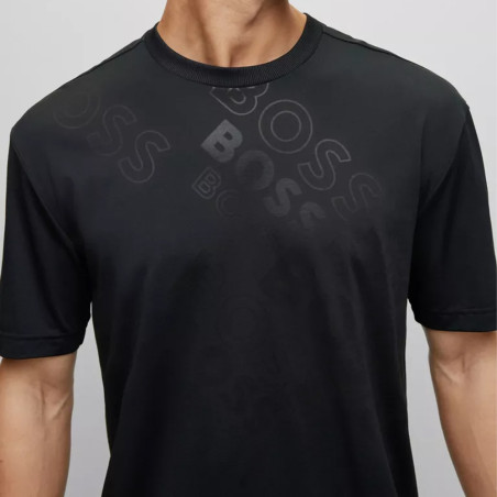 T-SHIRT NOIR RELAXED FIT EN COTON MÉLANGÉ À LOGOS TON SUR TON