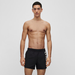 SHORT DE BAIN ABAS HUGO NOIR DOUBLÉ EN TISSU RECYCLÉ À SÉCHAGE RAPIDE AVEC LOGO IMPRIMÉ