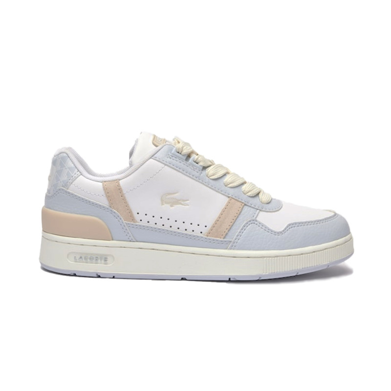 BASKETS LACOSTE T-CLIP BLEUES BEIGES EN CUIR MONOGRAMME