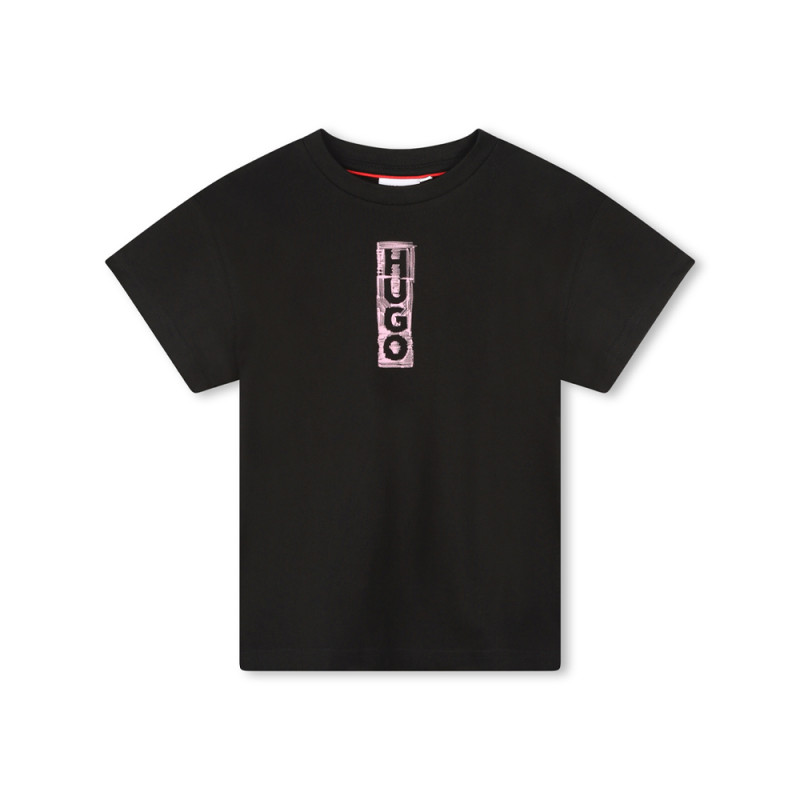 T-SHIRT EN COTON NOIR ENFANT HUGO IMPRIMÉ LOGO