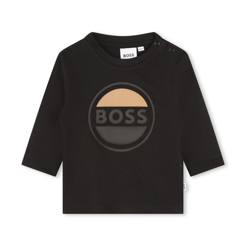 T-SHIRT NOIR MANCHES LONGUES BOSS BÉBÉ EN COTON AVEC LOGO SUR LE DEVANT