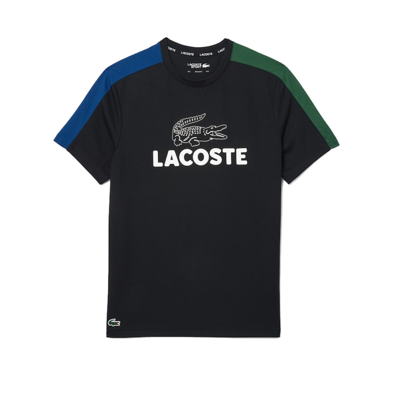 T-SHIRT LACOSTE TENNIS ULTRA-DRY COLOR-BLOCK IMPRIMÉ NOIR BLEU ET VERT