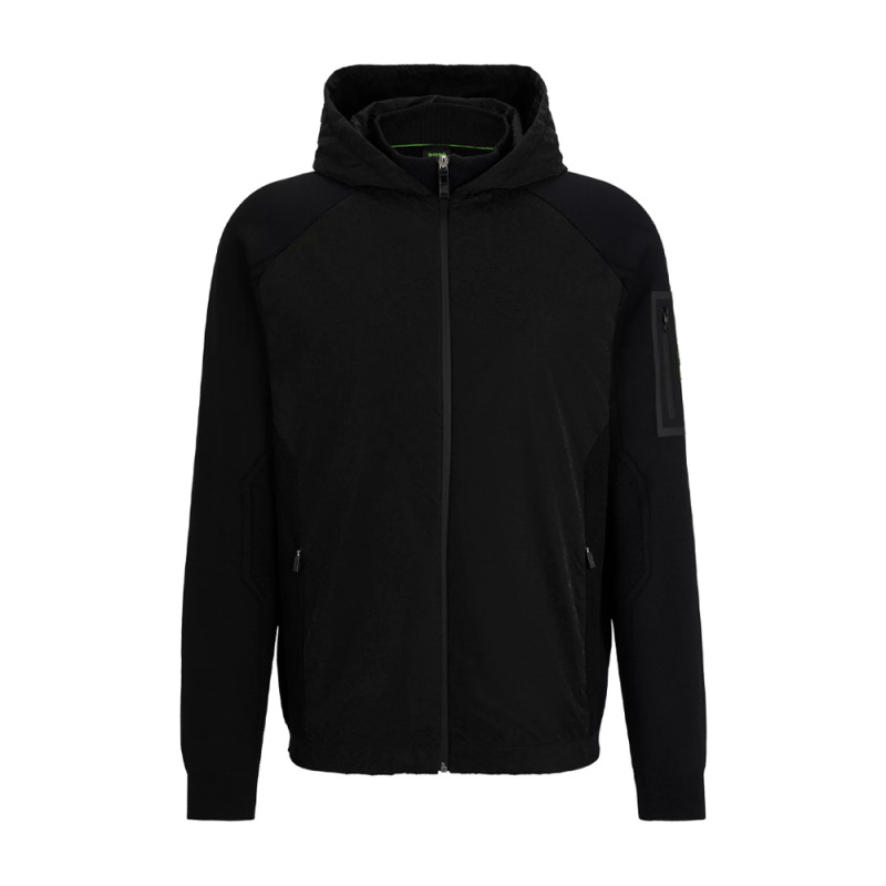 SWEAT ZIPPÉ À CAPUCHE BOSS NOIR EN MÉLANGE DE MATIÈRES AVEC POCHE SIGNATURE SUR LA MANCHE MODIR