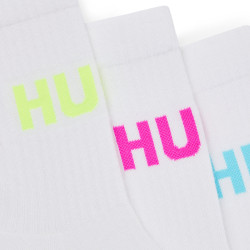LOT DE TROIS PAIRES DE CHAUSSETTES COURTES HUGO EN COTON MÉLANGÉ BLANCHES AVEC LOGOS NEON LOGO
