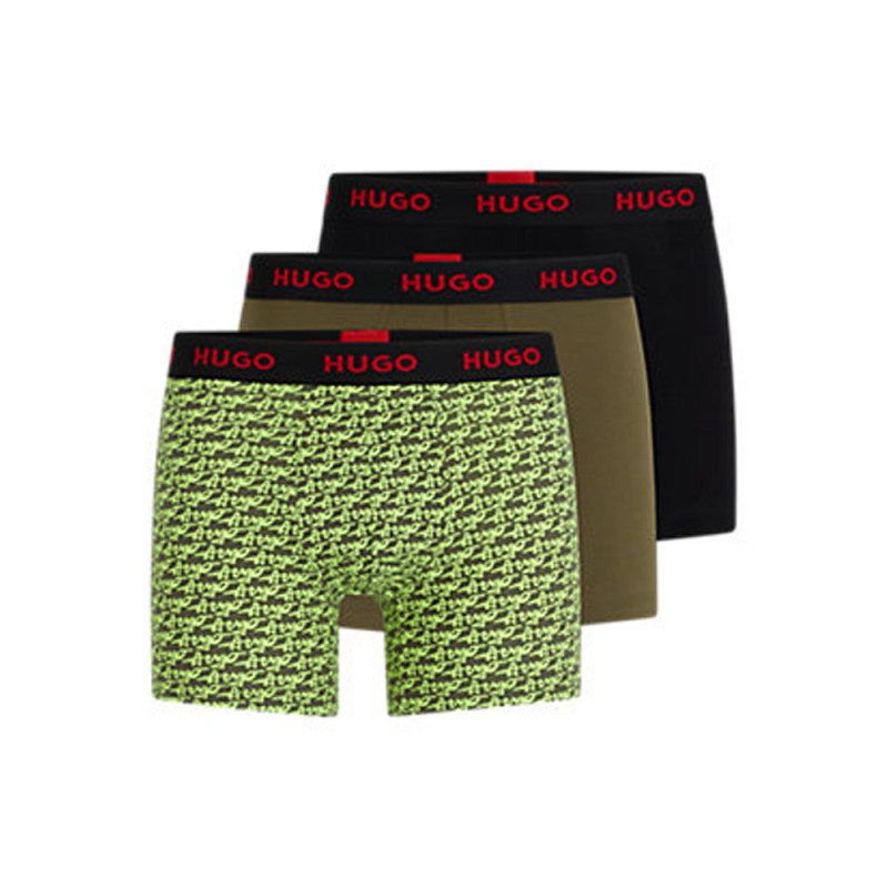 LOT DE TROIS BOXERS LONGS VERTS EN COTON STRETCH HUGO AVEC TAILLE LOGOTÉE