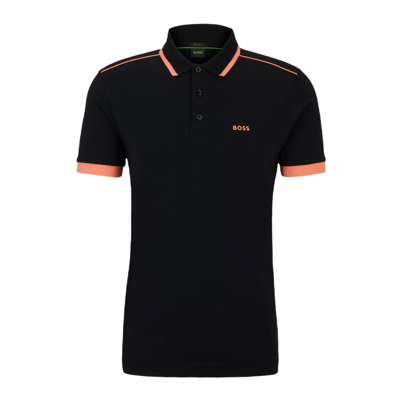 POLO NOIR PADDY 1 BOSS EN PIQUÉ DE COTON À LOGO CONTRASTANTS ORANGE