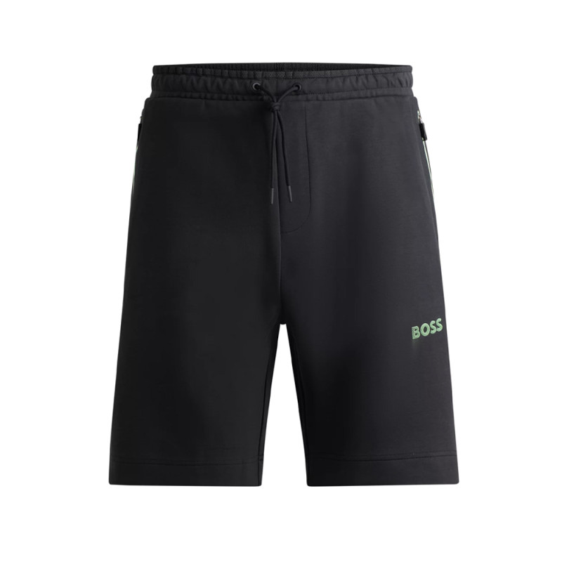 SHORT HEADLO 1 BOSS NOIR EN COTON MÉLANGÉ AVEC LOGO EN RELIEF VERT
