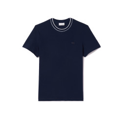 T-SHIRT LACOSTE BLEU MARINE EN PIQUÉ STRETCH À COL RAYÉ