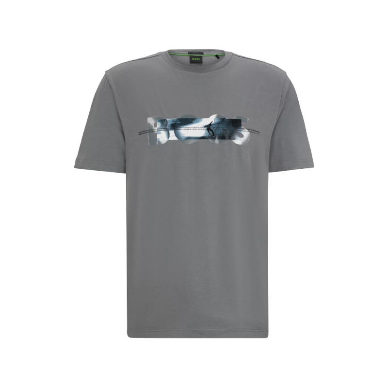 T-SHIRT BOSS TEE 8 GRIS EN COTON MÉLANGÉ À MOTIF ARTISTIQUE SKATE-BOARD SUR LE DEVANT ET AU DOS