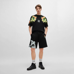 SHORT NOIR HUGO DIFLOWOS RELAXED EN COTON MÉLANGÉ AVEC MOTIF ARTISTIQUE À FLEURS