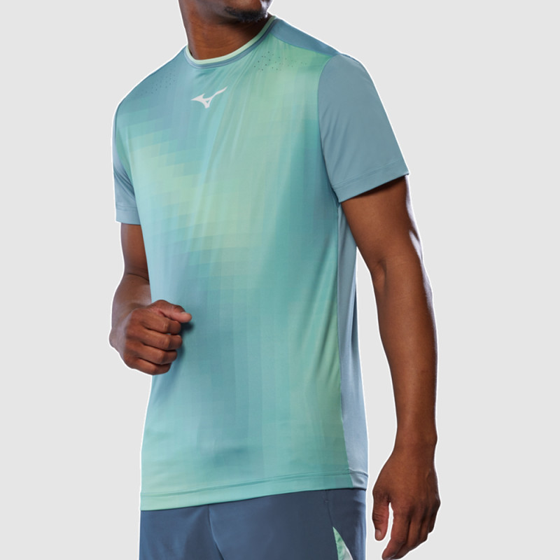 T-shirt Mizuno Frontier Shadow Graphic Homme – Bleu et Vert – Performance & Respirabilité