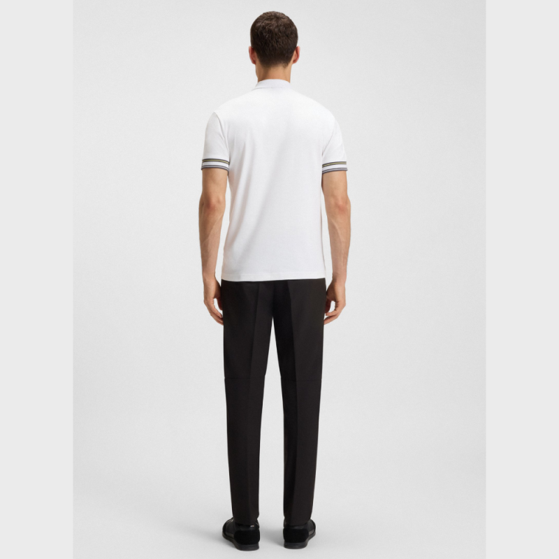 Polo Slim BOSS -Blanc - en coton avec bas de manches à rayures