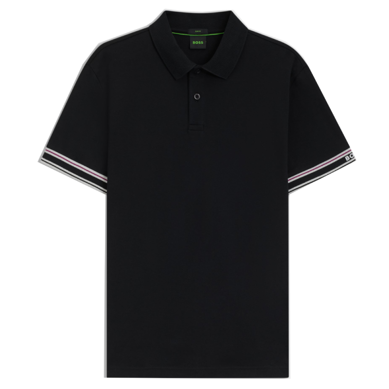 Polo Slim BOSS -Noir- en coton avec bas de manches à rayures