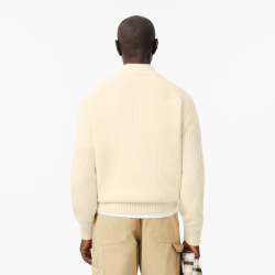 Pull zippé Lacoste -blanc cassé - en laine cardée col montant