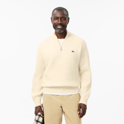 Pull zippé en laine cardée col montant LACOSTE beige