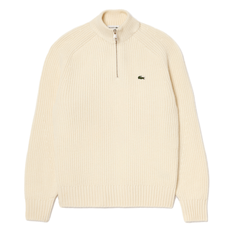 Pull zippé Lacoste -blanc cassé - en laine cardée col montant