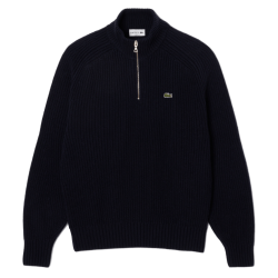 Pull zippé en laine cardée col montant LACOSTE bleu nuit