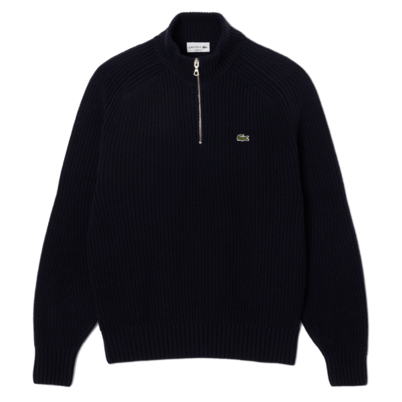 Pull zippé Lacoste -Bleu Nuit - en laine cardée col montant