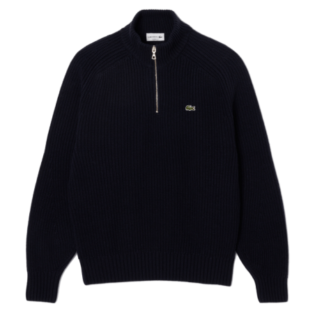 Pull zippé Lacoste -Bleu Nuit - en laine cardée col montant