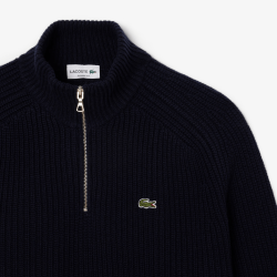Pull zippé Lacoste -Bleu Nuit - en laine cardée col montant