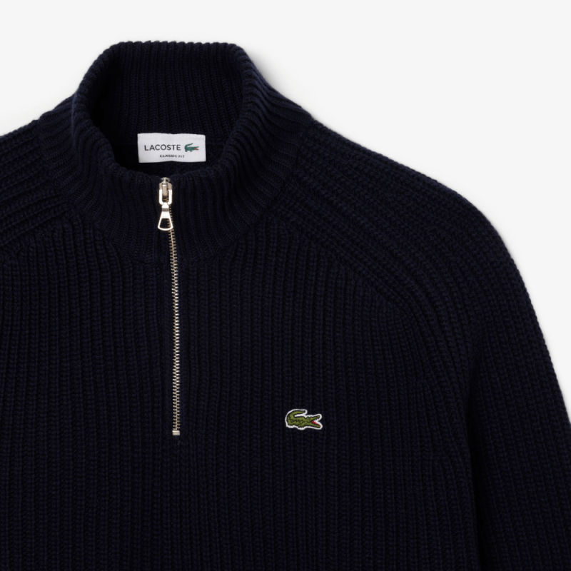 Pull zippé Lacoste -Bleu Nuit - en laine cardée col montant