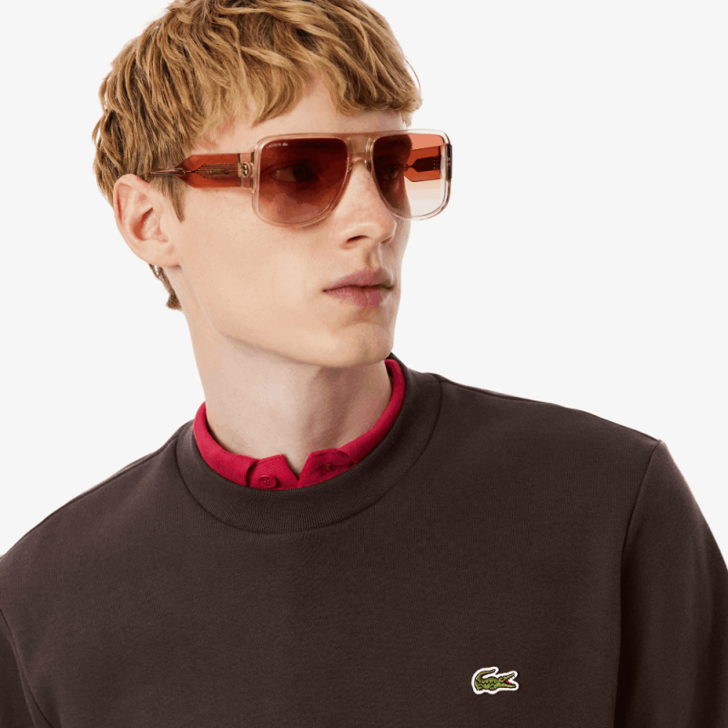 Sweatshirt en molleton gratté de coton biologique de col rond LACOSTE marron