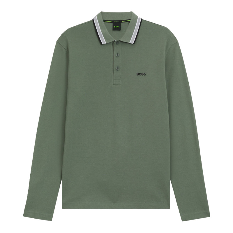 Polo Boss PLISY Vert à manches longues – Élégance décontractée en coton piqué