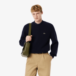 Pull en laine cardée épaisse col rond LACOSTE bleu nuit