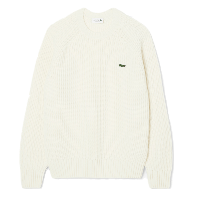 Pull ras du cou Lacoste - Blanc Cassé - en laine cardée épaisse