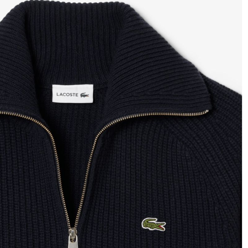 Pull zippé Lacoste  col montant - Bleu nuit  - laine cardée