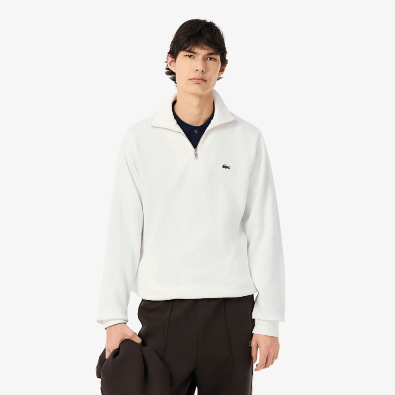 SWEATSHIRT ZIPPÉ LACOSTE -BLANC- INTERLOCK COL MONTANT