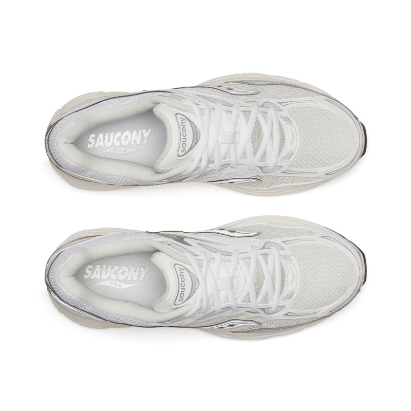 Baskets Saucony ProGrid Omni 9 – Blanc & Argenté – Rétro-tech stylé avec confort moderne