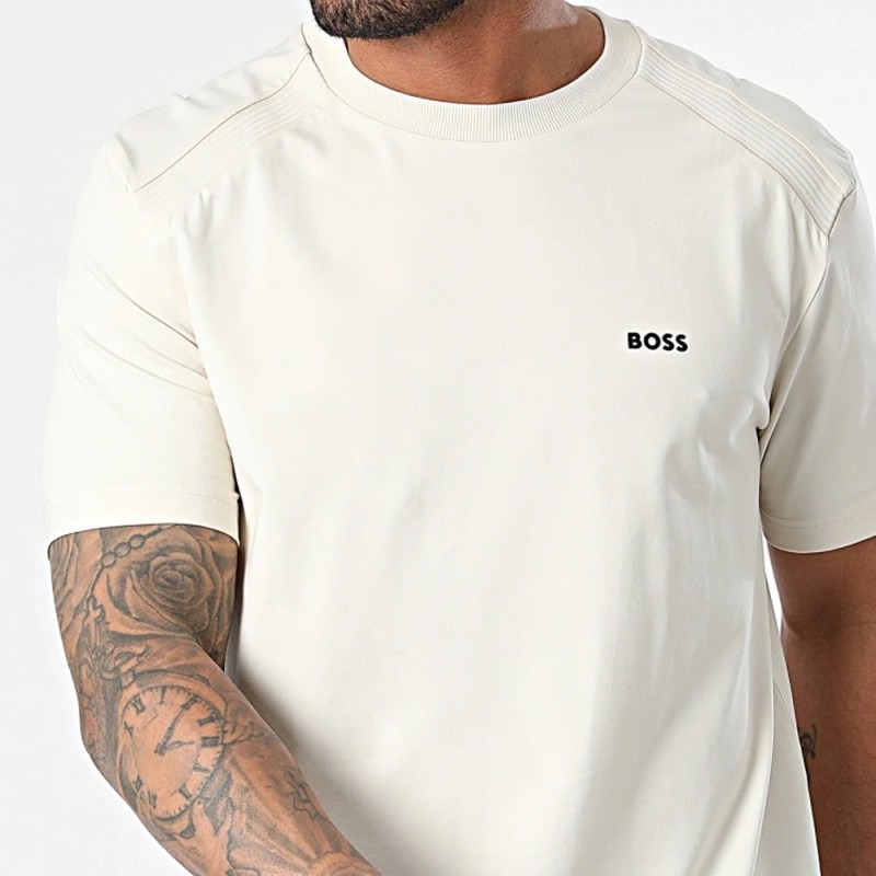 T-SHIRT BOSS BEIGE EN COTON STRETCH À COL ROND AVEC LOGO TEE TAPE