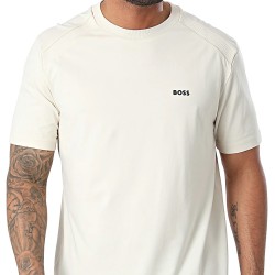 T-SHIRT BOSS BEIGE EN COTON STRETCH À COL ROND AVEC LOGO TEE TAPE