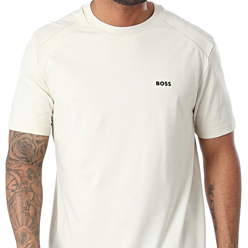T-SHIRT BOSS BEIGE EN COTON STRETCH À COL ROND AVEC LOGO TEE TAPE