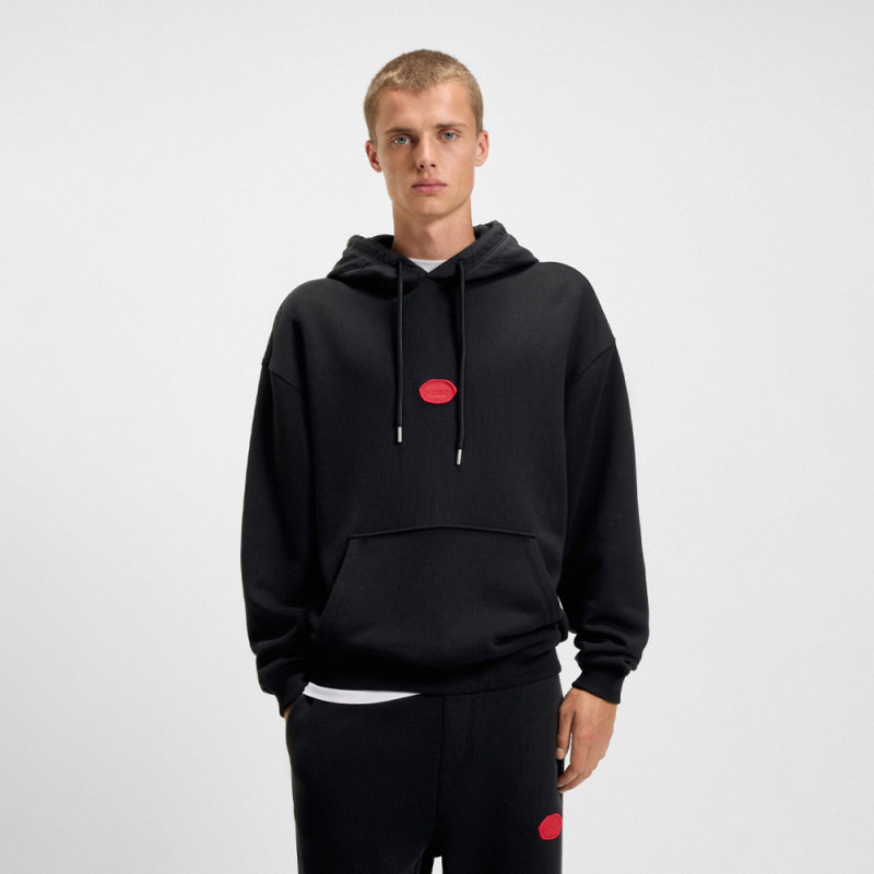 Sweat à capuche en coton mélangé avec logo estampé à la cire Dilvano HUGO noir