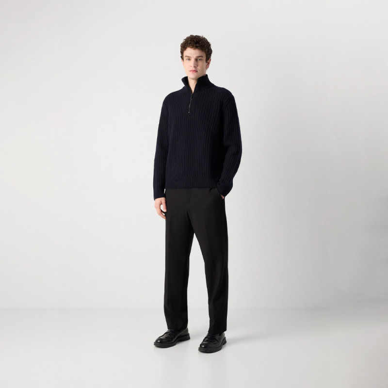 Pull en maille cotelée avec demi zip Kwinter BOSS bleu nuit