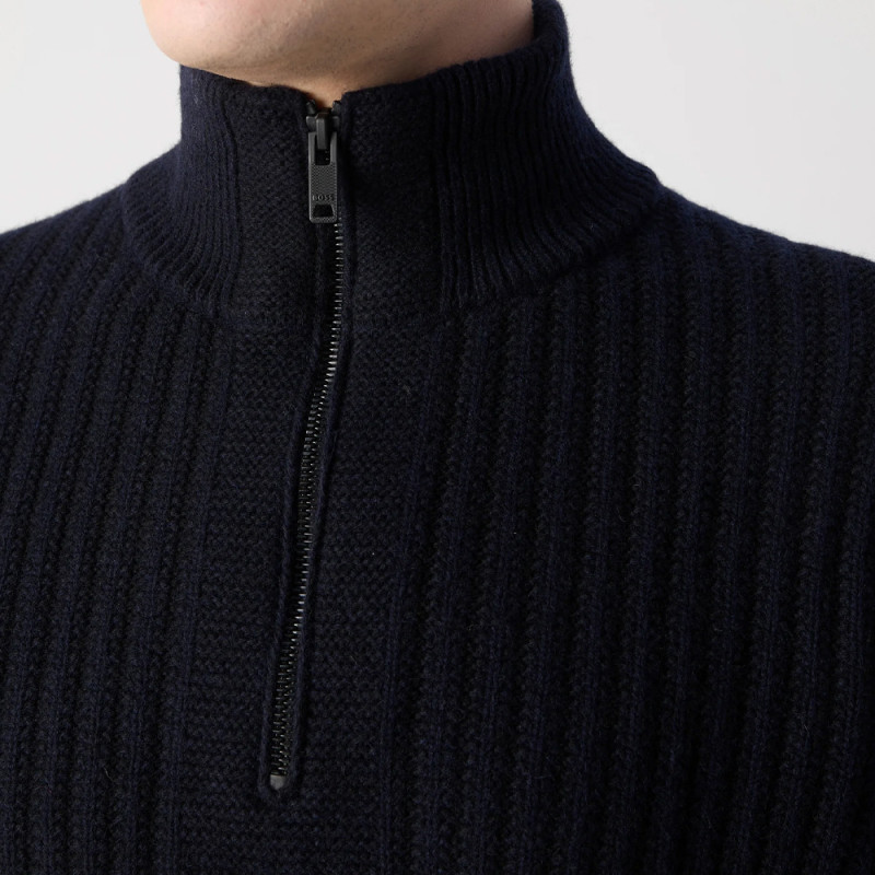 Pull en maille cotelée avec demi zip Kwinter BOSS bleu nuit