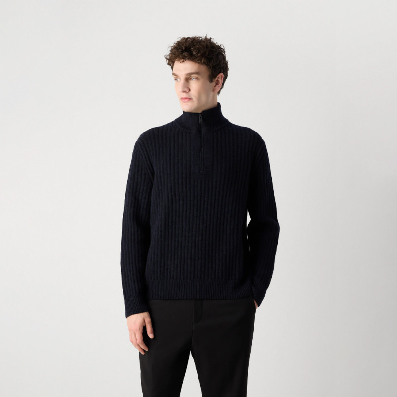 Pull en maille cotelée avec demi zip Kwinter BOSS bleu nuit