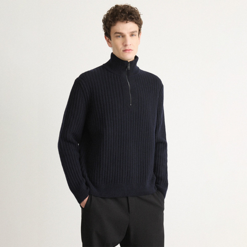Pull en maille cotelée avec demi zip Kwinter BOSS bleu nuit