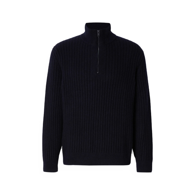 Pull en maille cotelée avec demi zip Kwinter BOSS bleu nuit