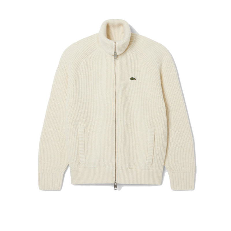 Pull zippé Lacoste  col montant - Blanc Cassé - laine cardée