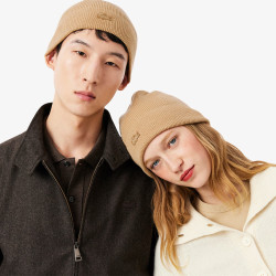 Bonnet laine revers côtelé LACOSTE beige