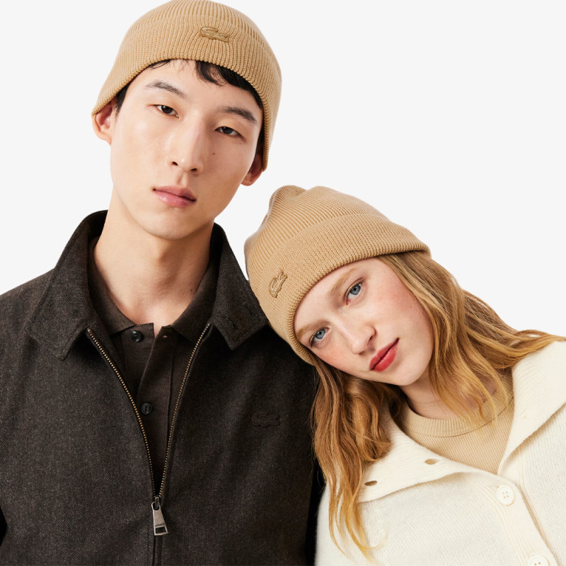 Bonnet laine revers côtelé LACOSTE beige