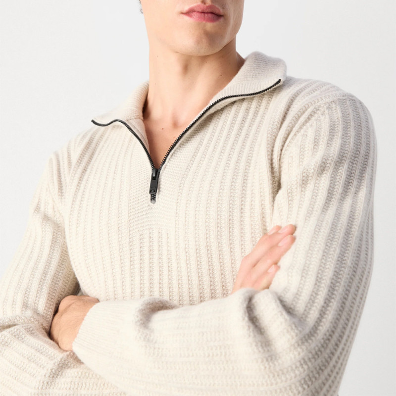 Pull en maille cotelée avec demi zip Kwinter BOSS beige