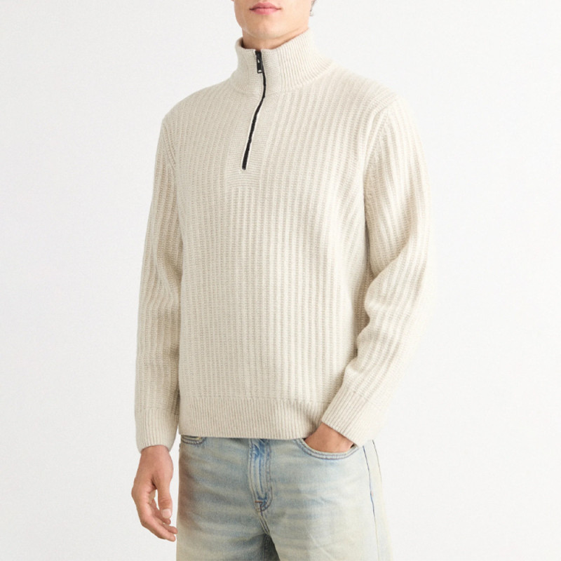 Pull en maille cotelée avec demi zip Kwinter BOSS beige