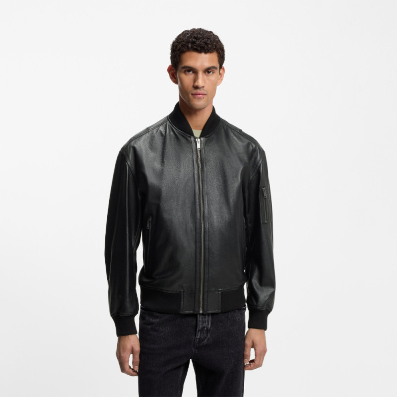 Veste en cuir avec poche sur une manche Jakri BOSS noire